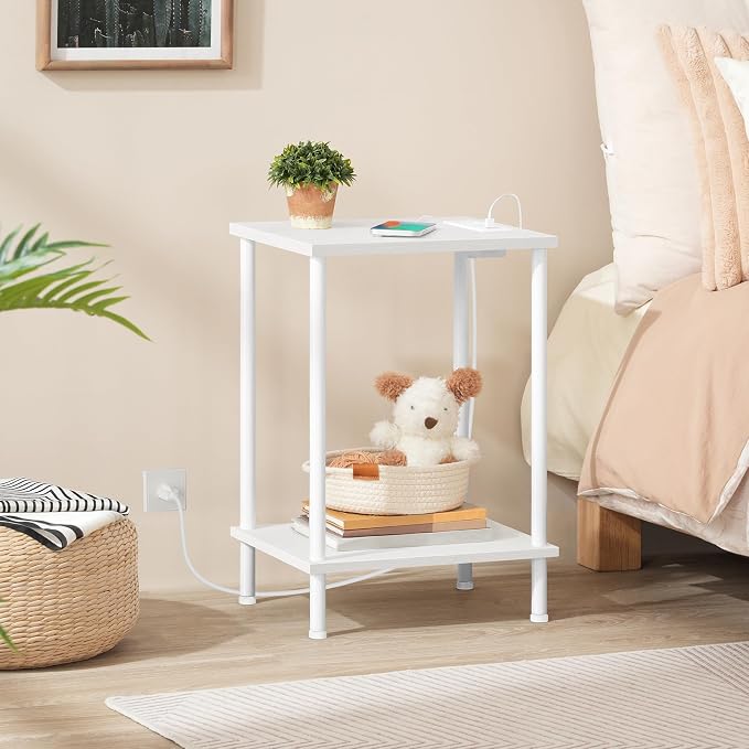 HOOBRO Side Table with Charging Station, Nightstand with 2-Layer Storage Shelves - Image 4