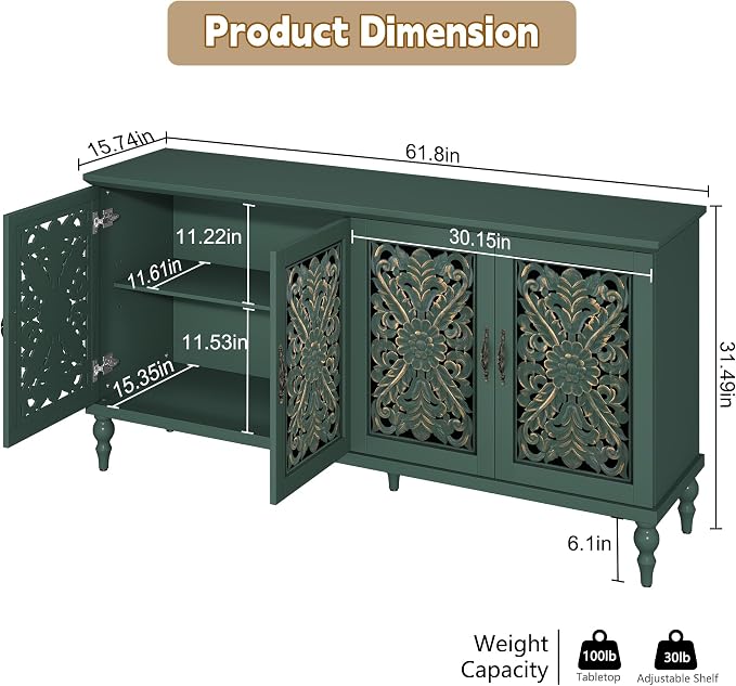 ARTPOWER 61.8" Hollow Carved Wood Accent Cabinet - Image 2