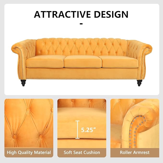 Mid-Century 3 Seater Sofa, Velvet Couch - Image 5