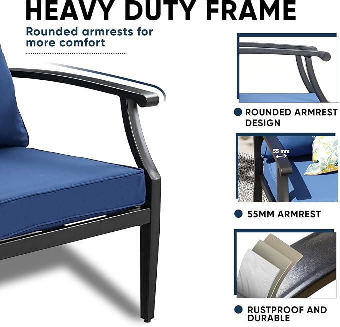 4 Piece Outdoor Patio Furniture Set, Oversized Metal Conversation Set - Image 5