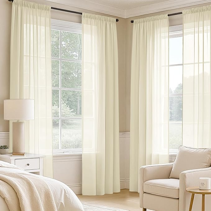 MIULEE Light Cream Sheer Curtains 90 Inches Long, 4 Panels Set, Light Filtering - Image 2