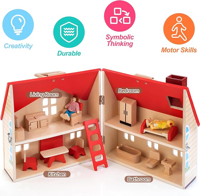 Foldable Wooden Dollhouse with 13PCS Furniture, 4 Rooms and 2 Flexible Dolls - Image 3