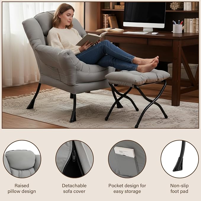 Welnow Lazy Chair with Ottoman, Modern Accent Chair with Armrests and a Side - Image 6