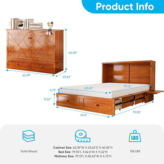 Mjkone Murphy Bed Queen, Cabinet Murphy Bed - Image 2
