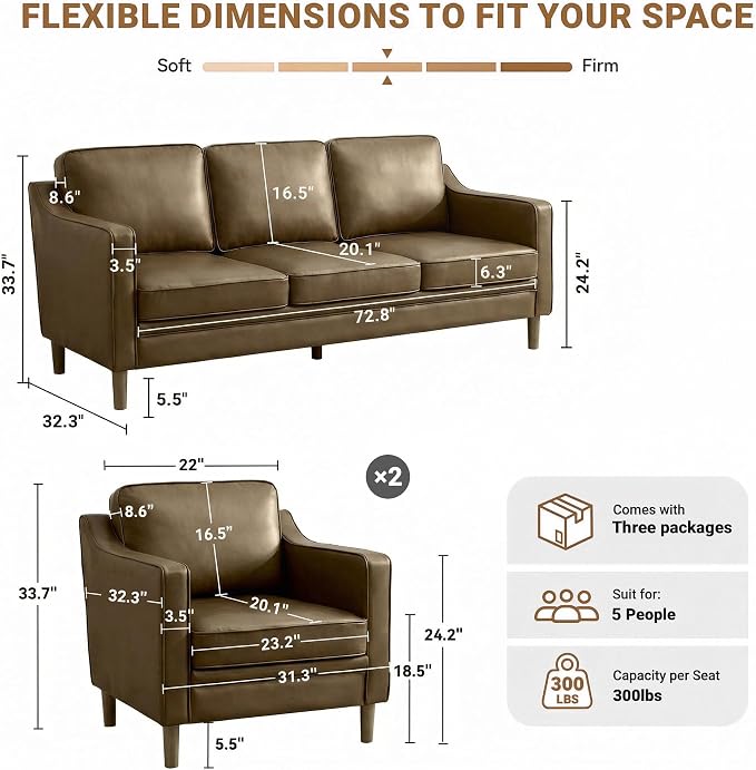 Kingfun Living Room Furniture Sets, 3 Seater Couch and 2 Armchair, Mid Century - Image 2