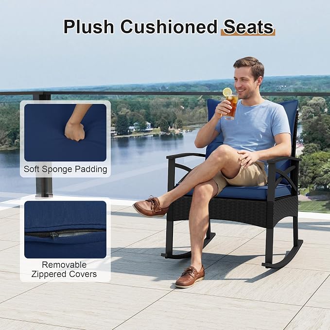 Tangkula 3 Pieces Outdoor Rocking Chairs Set, Rattan Heavy Duty Cushioned - Image 5