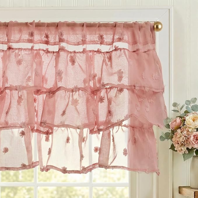 jinchan Ruffled Kitchen Valance Pom-Pom Voile Valance Curtains Sheer Shabby by JINCHAN