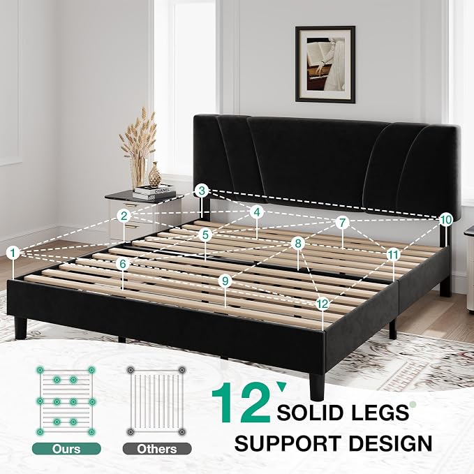 Novilla King Bed Frame and Headboard, King Bed Frame, Velvet Upholstered Bed - Image 5