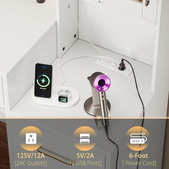 TOKSOM White Vanity Desk with Mirror, Lights & Charging Station, 2 Cabinets and - Image 5