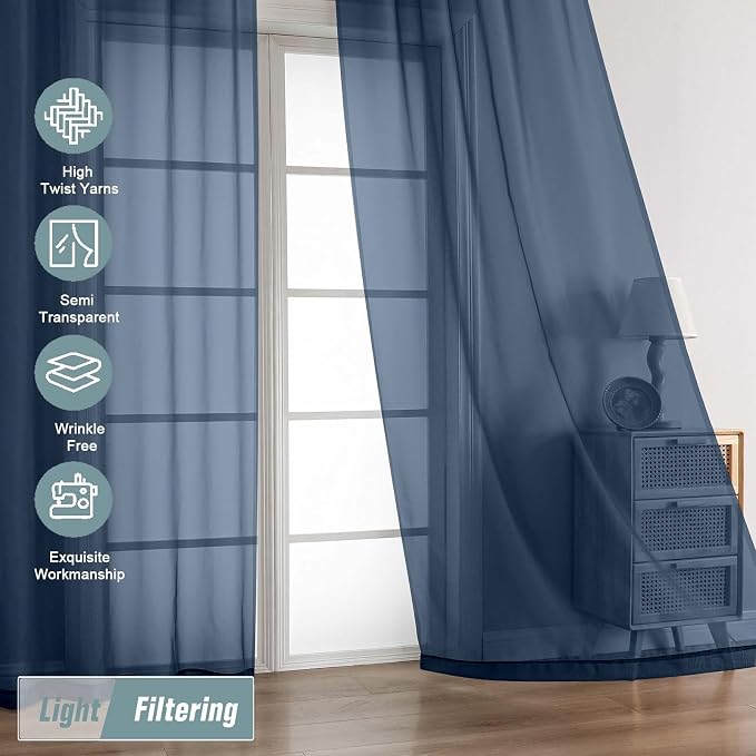 Navy Blue Sheer Curtains for Window 96 Inches Long 2 Panels, Soft Airy Light - Image 5