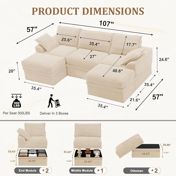 Upgrade Boneless Couch with Storage, Extra Deep&High Seat Modular Sectional - Image 3