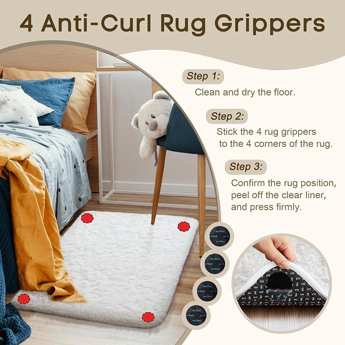 Ophanie Small Rug Washable Non Slip Throw Bedside Area Rugs, Fluffy Soft White - Image 2