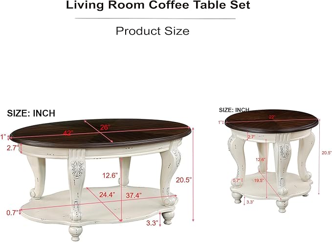 Solid Wood Coffee Table Set for Living Room, Coffee Table & 2 End Side Table - Image 2