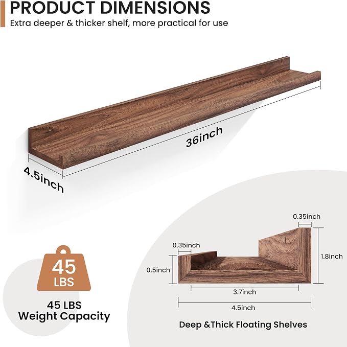 Fun Memories Picture Ledge Shelves Set of 2, 36 Inch Rustic Wall Mounted - Image 2