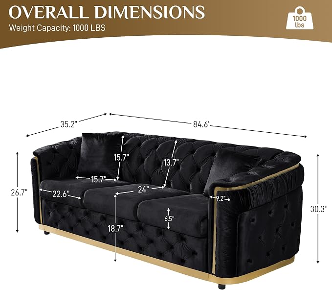 DAMAIFROM Luxury Velvet Couch Set Black and Gold Sofa, Mid Century Modern - Image 2