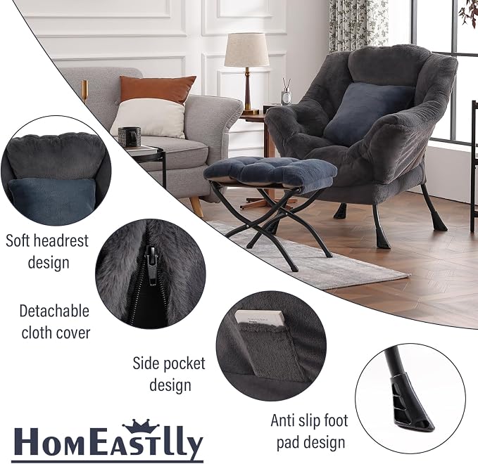 Lazy Chair with Ottoman, Large Blue Gray Accent Chair with Ottoman and FA Throw - Image 7