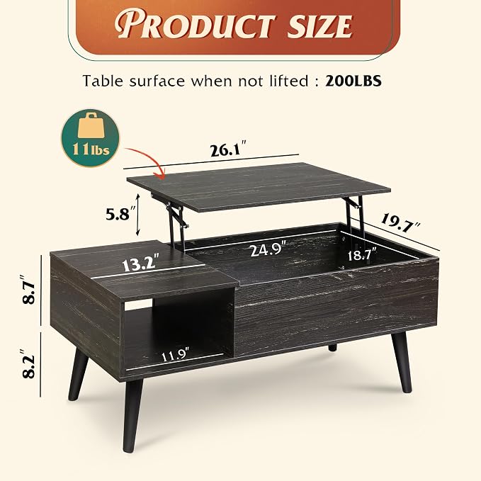 WLIVE Coffee Table for Living Room, Lift Top Coffee Table - Image 3