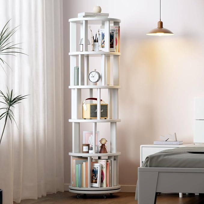 Muwuele Solid Wood Rotating Bookshelf on Wheels, 5 Tier, Round Revolving - Image 8