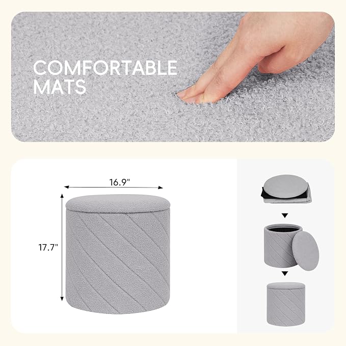 PINPLUS Ottoman with Stroage Round Boucle Ottoman and Tray Sherpa Removable - Image 3