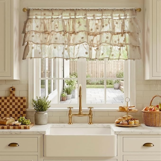 jinchan Ruffled Kitchen Valance Pom-Pom Voile Valance Curtains Sheer Shabby - Image 2