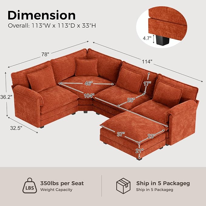 ELUCHANG 114" Oversized V-Shaped Cloud Couch Modular Sectional Sofa - Image 2