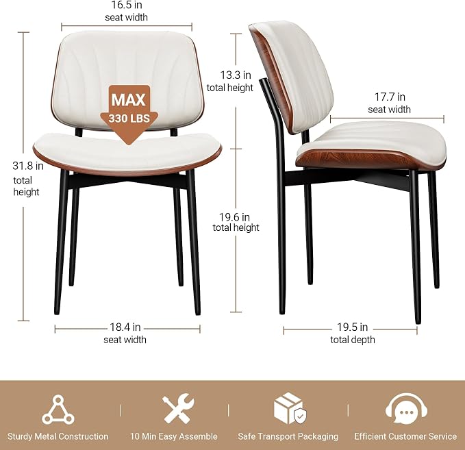 REONEY Dining Chairs Set of 4, Mid-Century Modern Upholstered PU Leather Chairs - Image 2