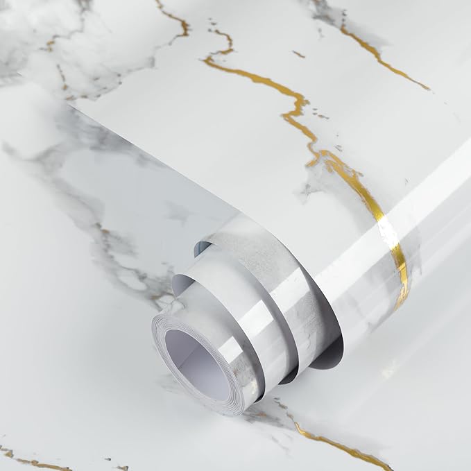 practicalWs Glossy Marble Wallpaper Peel and Stick White/Gold Granite Contact by practicalWs
