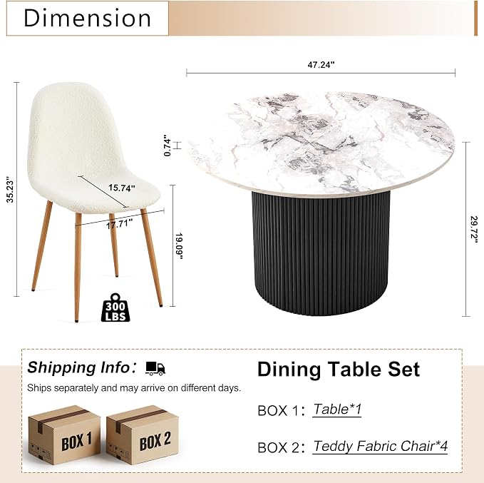Dining Table Set for 4, Mid Century Modern 47 Inch White Marble-Look Wooden - Image 2