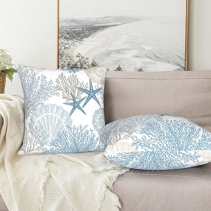 Nautical Coastal Beach Pillow Covers 16x16 Set of 2, Ocean Themed Seashell - Image 7