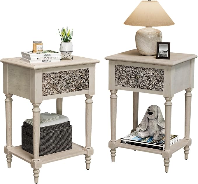 SUNBURY Vintage Nightstand Set of 2, Wood Small Bedside Table by SUNBURY
