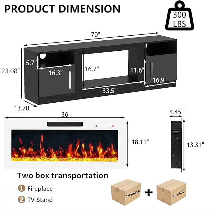 PRETZI Fireplace TV Stand with 36" Fireplace Up to 80" TVs, Remote Control - Image 2