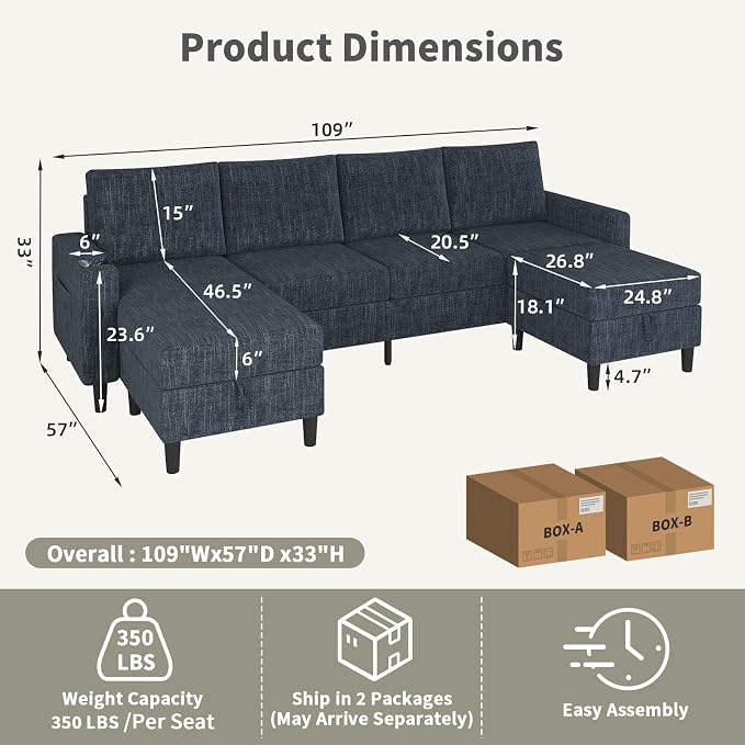 Sectional Couches for Living Room, 6-Seats Soft Linen Fabric Sectional Sofa - Image 2
