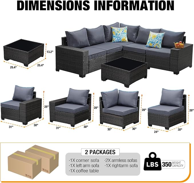 JOYURE 6 Pieces Patio Furniture Set All-Weather Outdoor Wicker Sectional - Image 2