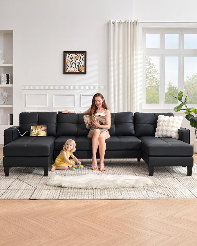 TYBOATLE 116’’ W Black Faux Leather Sectional Couch w/USB and Cup Holders by TYBOATLE
