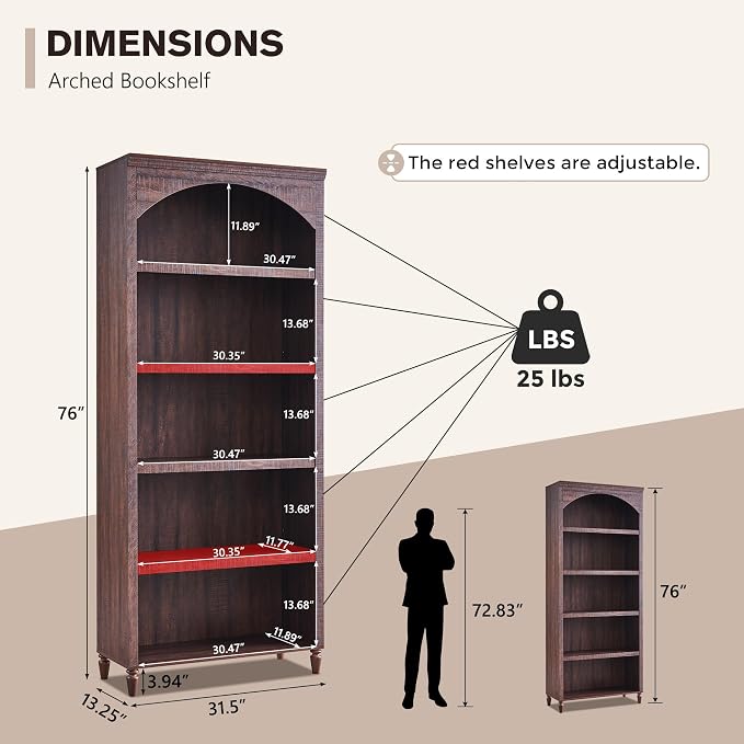 IFGET 76" Tall Arched Bookcase, Farmhouse 5 Tiers Large Arched Bookshelf Cabinet - Image 2