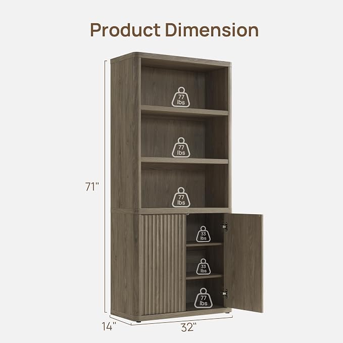 SICOTAS Book Shelf with Doors 71" Tall 6 Tier Bookshelf with Adjustable Shelves - Image 2