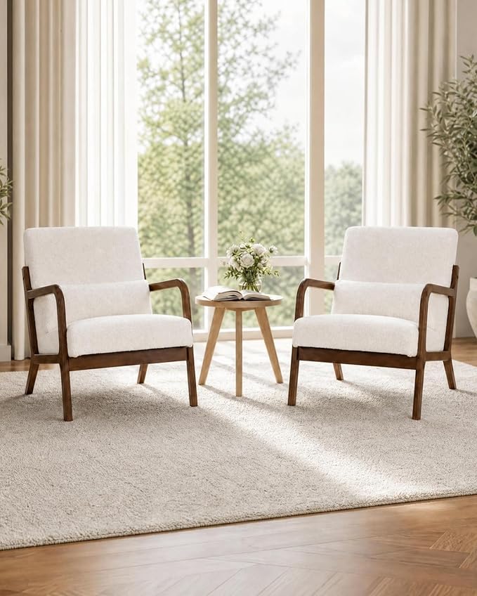 Garvee Mid-Century Modern Accent Chair, Sherpa Upholstery, Solid Wood Armchair - Image 5