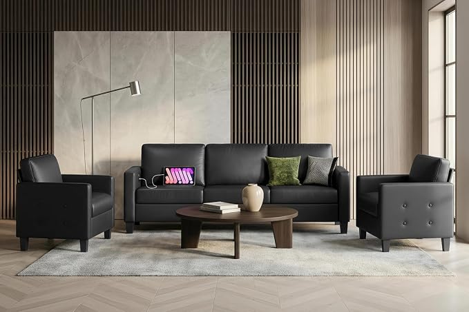 STHOUYN Black Faux Leather 3 Seater Sofa and Accent Chair Set of 2, Modern by STHOUYN