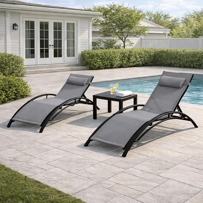 EROMMY Outdoor Chaise Lounge Set of 3, Reclining Patio Chairs by EROMMY
