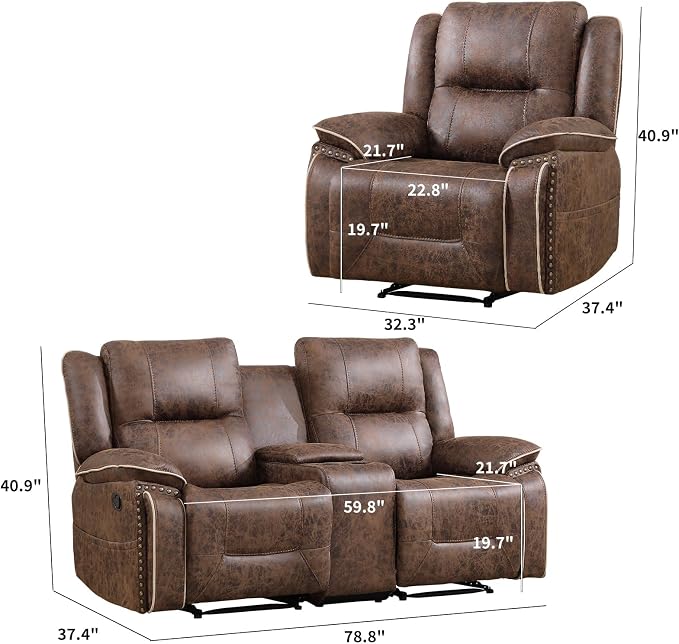 EBELLO Faux Leather Manual Recliner Sofa Set, 2 Seat Reclining Chair and a - Image 2