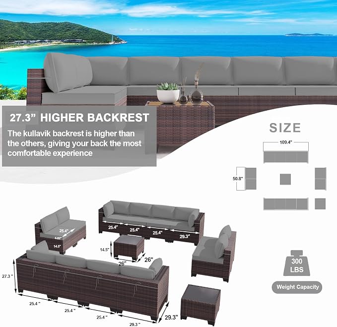 Kullavik 14 Pieces Outdoor Patio Furniture Set, Sectional Rattan Sofa Set Brown - Image 3