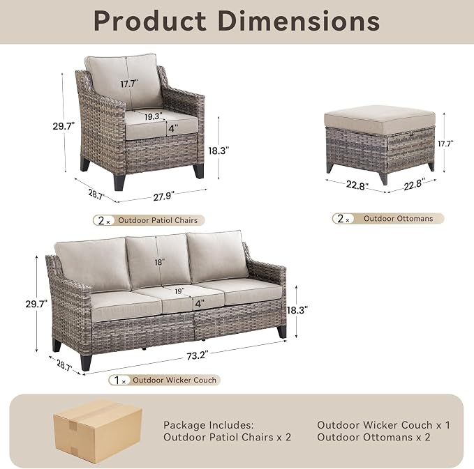 5 Pieces Outdoor Furniture-High Back Outdoor Wicker Couch Patio Chairs Set of 2 - Image 8