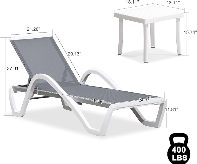 PURPLE LEAF Patio Chaise Lounge Chair Set of 3 Outside Aluminum Plastic - Image 3