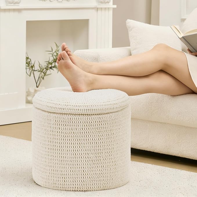 Wimarsbon Pouf Ottoman, 100% Cotton Knitted Boho Footstool, Round Footrest - Image 5