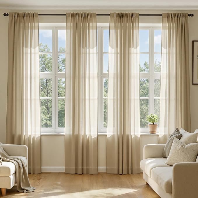 MIULEE Beige Sheer Curtains 96 Inches Long, 4 Panels Set, Rod Pocket Voile by MIULEE