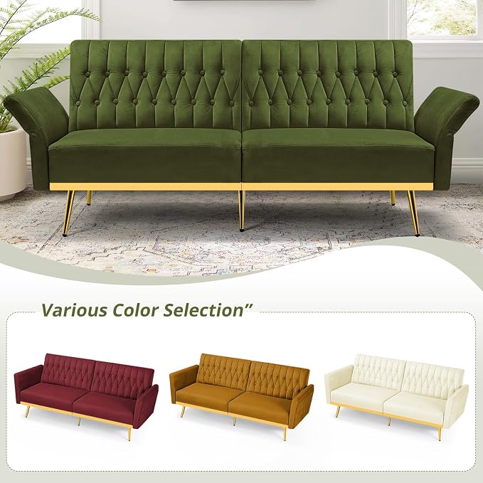 70” Velvet Futon Sofa Bed w/Adjustable Armrests & 2 Pillows, Convertible Futon - Image 7