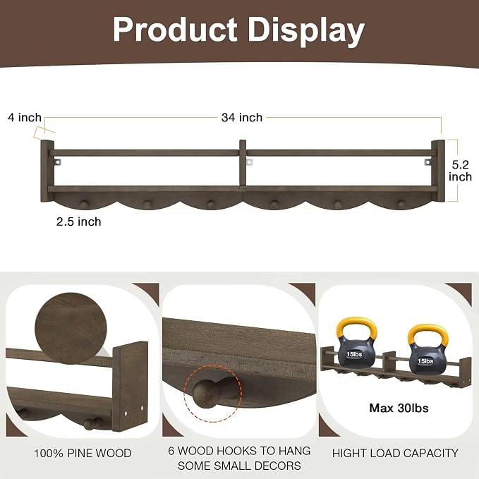 34Inch Nursery Bookshelves, Wall Floating Shelf Kids Coat Rack - Image 3