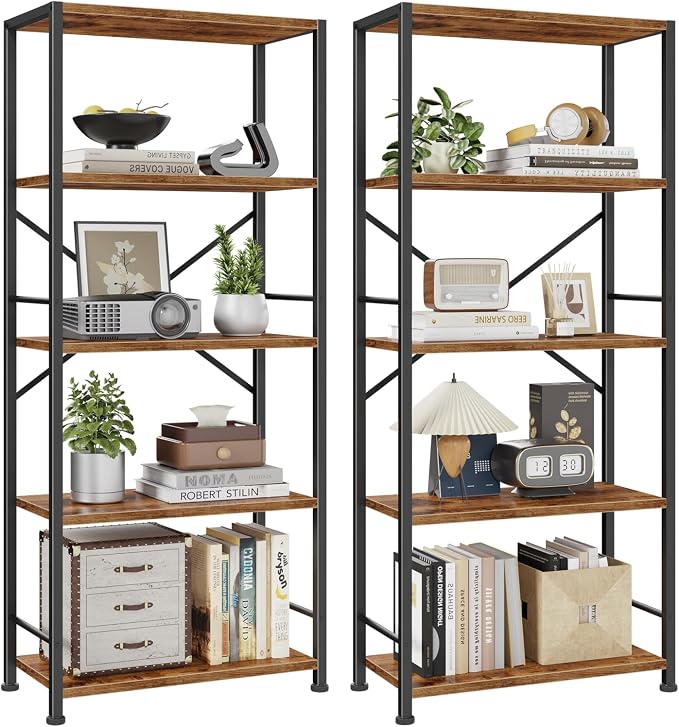 Furologee 5 Tier Book Shelf Set of 2, Tall Wide Bookshelf, Industrial Open by Furologee