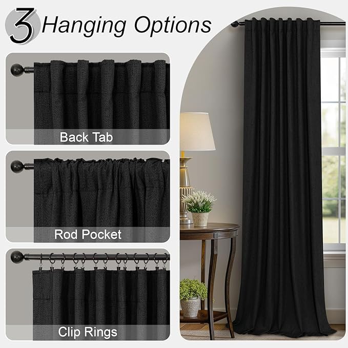 Long Black Curtains for Living Room Modern Farmhouse Linen Black Out Drapes for - Image 6
