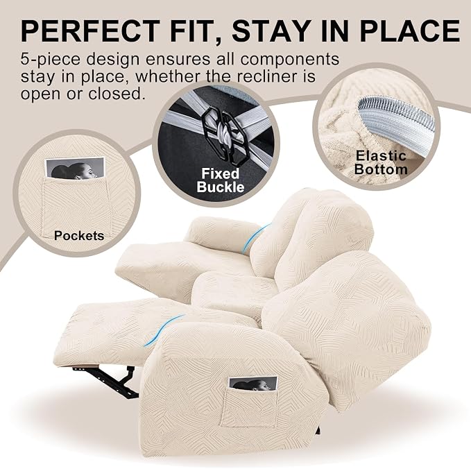 5-Piece Recliner Sofa Covers, Stretch Geometric Strokes Jacquard Recliner Sofa - Image 4
